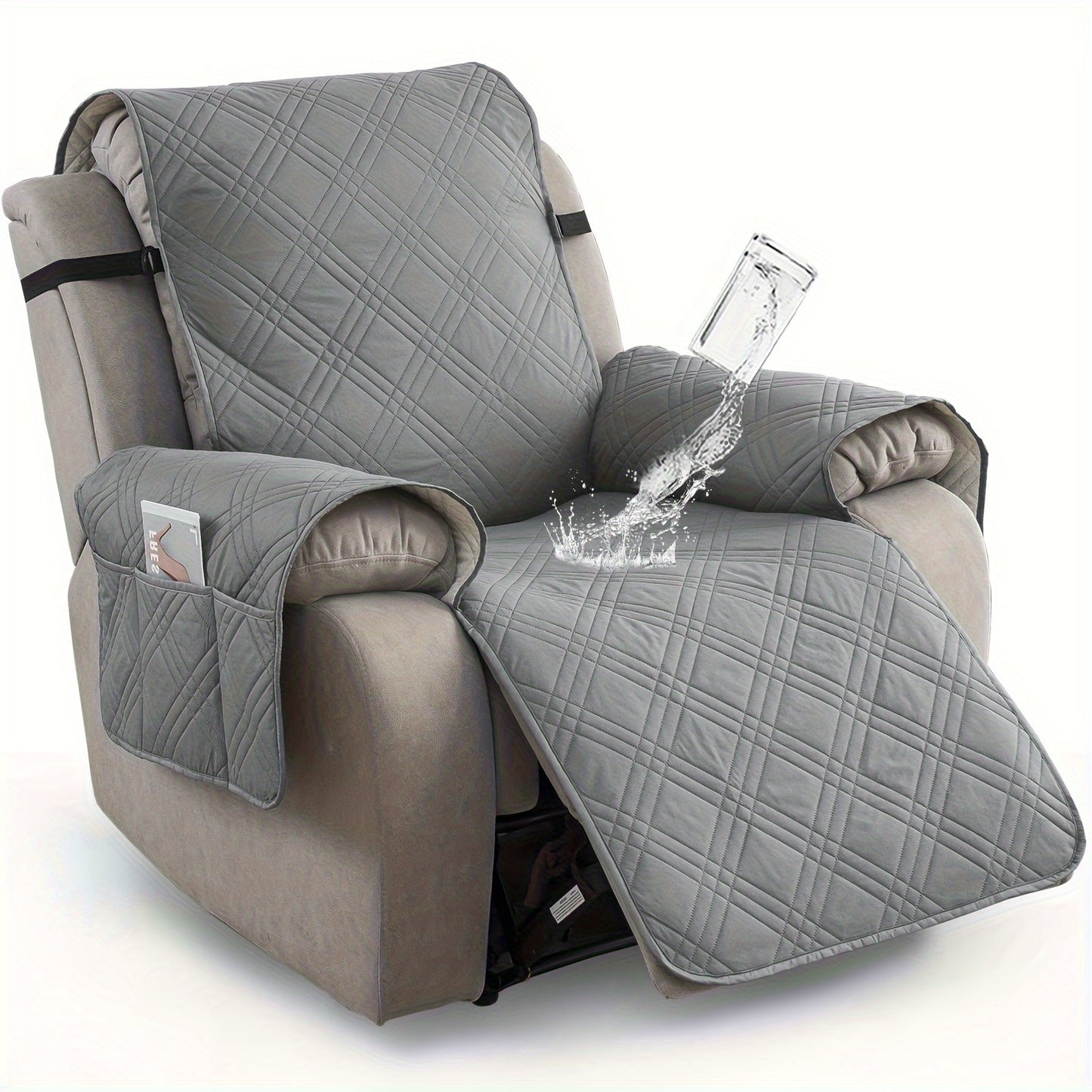 Champagne Quilted Recliner Chair Cover, Non-Slip & Waterproof Slipcover with Pocket, Pet-Friendly Furniture Protector for Living Room or Office, Easy to Install & Clean, Chair Covers for Living Room