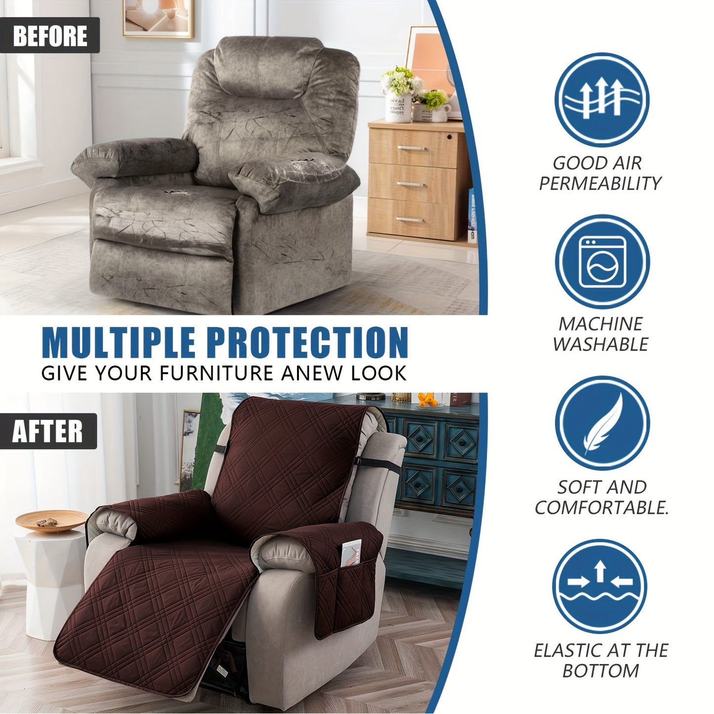 Champagne Quilted Recliner Chair Cover, Non-Slip & Waterproof Slipcover with Pocket, Pet-Friendly Furniture Protector for Living Room or Office, Easy to Install & Clean, Chair Covers for Living Room