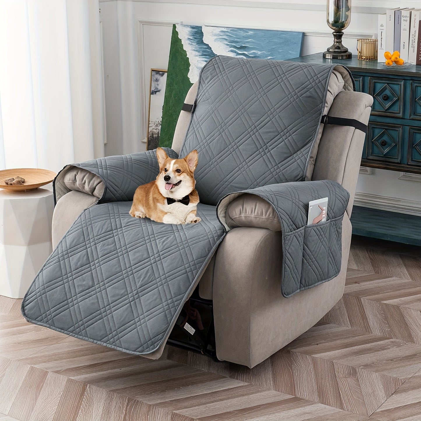 Champagne Quilted Recliner Chair Cover, Non-Slip & Waterproof Slipcover with Pocket, Pet-Friendly Furniture Protector for Living Room or Office, Easy to Install & Clean, Chair Covers for Living Room