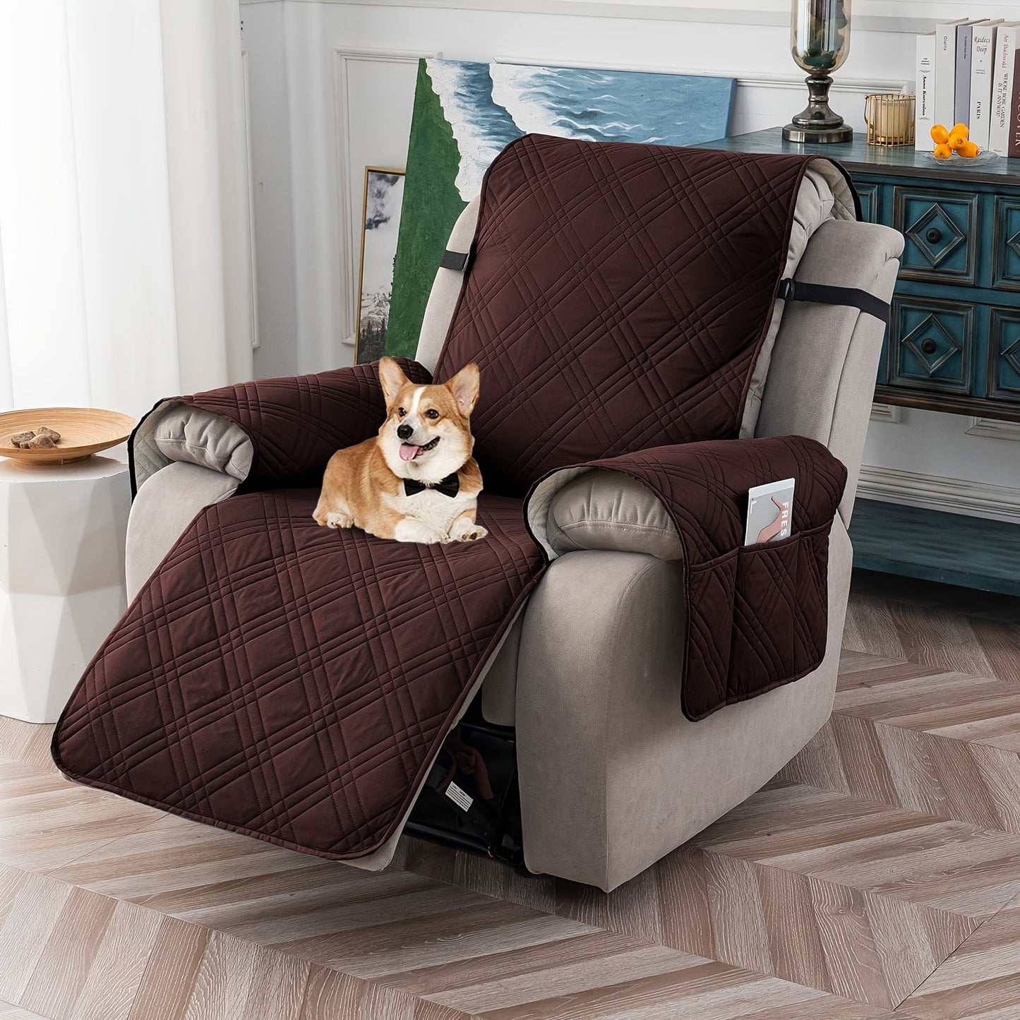 Champagne Quilted Recliner Chair Cover, Non-Slip & Waterproof Slipcover with Pocket, Pet-Friendly Furniture Protector for Living Room or Office, Easy to Install & Clean, Chair Covers for Living Room