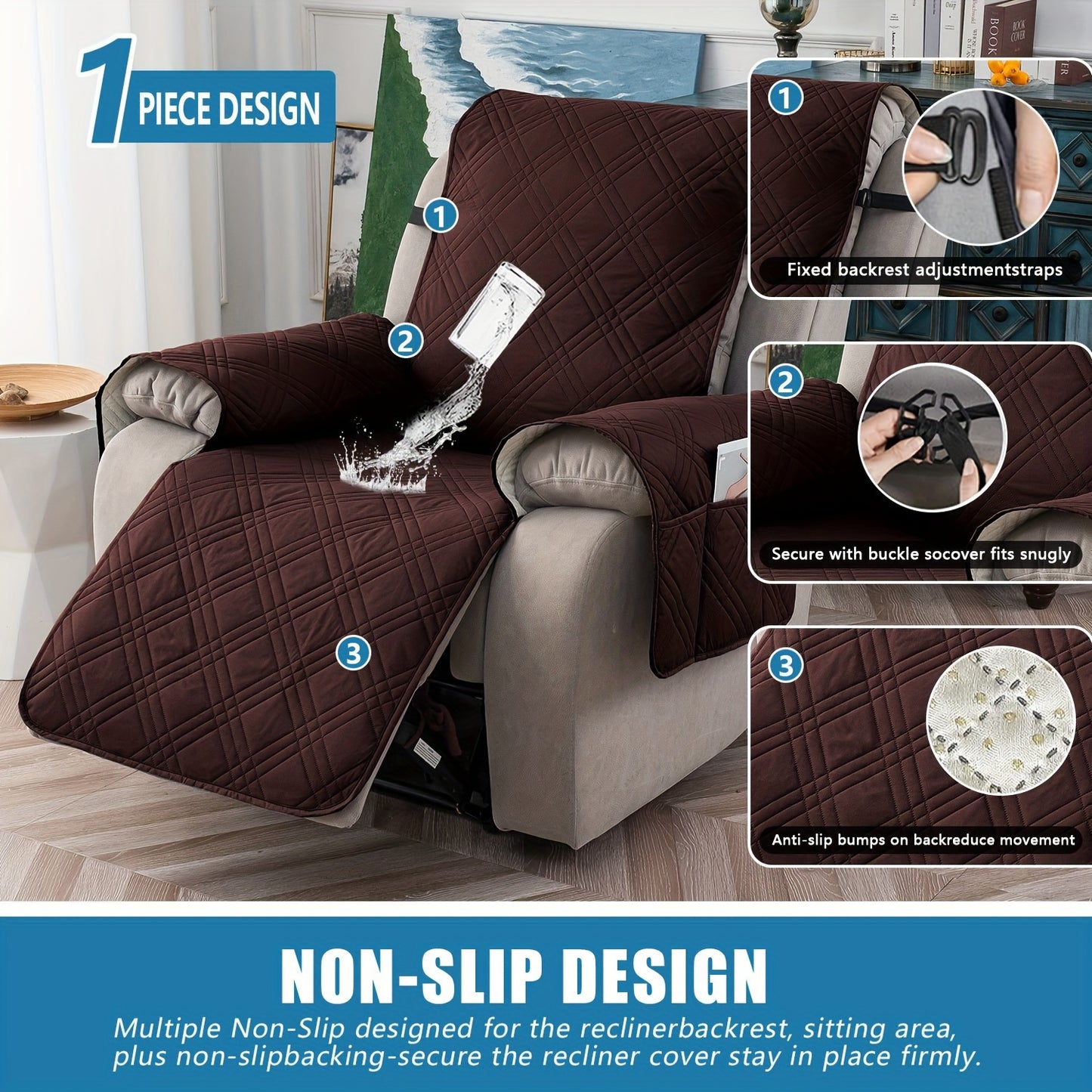 Champagne Quilted Recliner Chair Cover, Non-Slip & Waterproof Slipcover with Pocket, Pet-Friendly Furniture Protector for Living Room or Office, Easy to Install & Clean, Chair Covers for Living Room