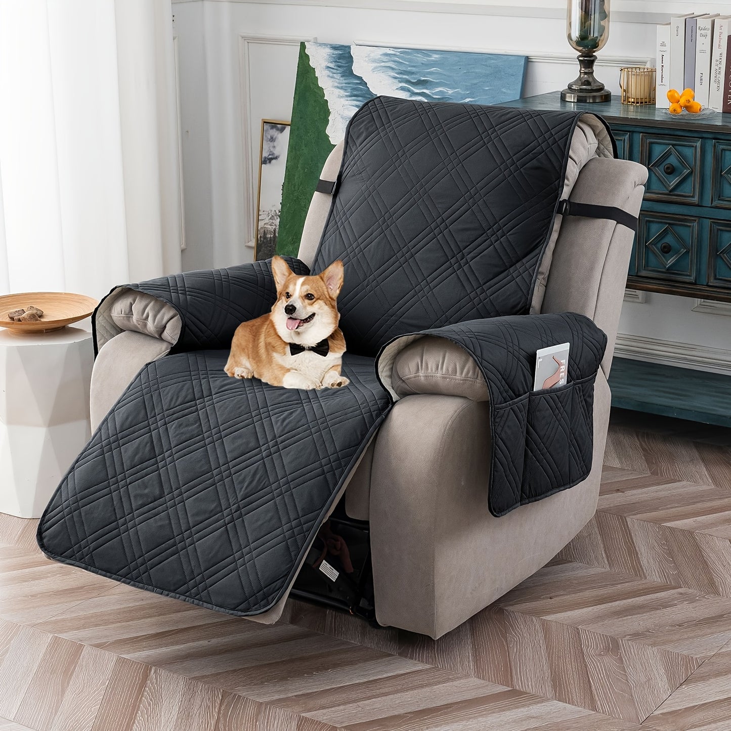 Champagne Quilted Recliner Chair Cover, Non-Slip & Waterproof Slipcover with Pocket, Pet-Friendly Furniture Protector for Living Room or Office, Easy to Install & Clean, Chair Covers for Living Room