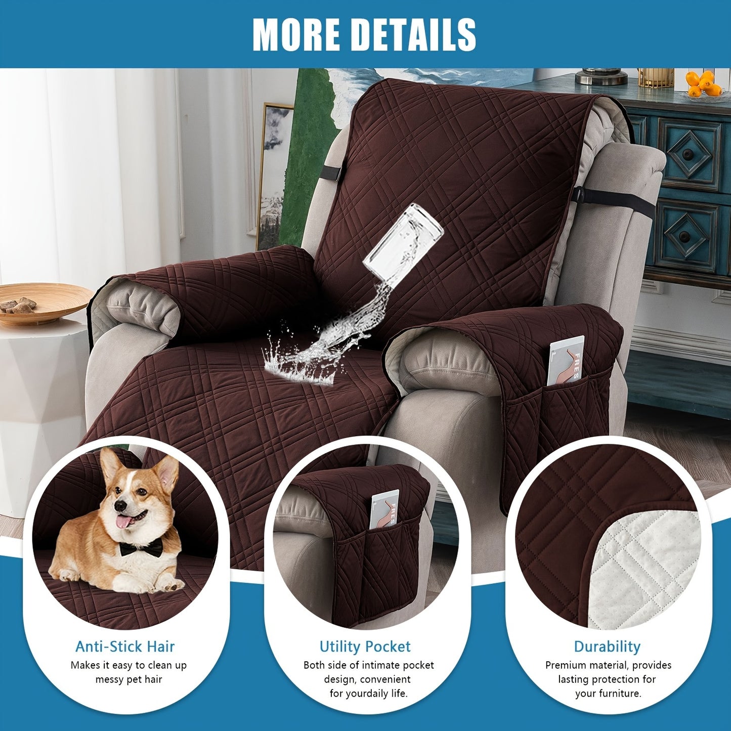 Champagne Quilted Recliner Chair Cover, Non-Slip & Waterproof Slipcover with Pocket, Pet-Friendly Furniture Protector for Living Room or Office, Easy to Install & Clean, Chair Covers for Living Room