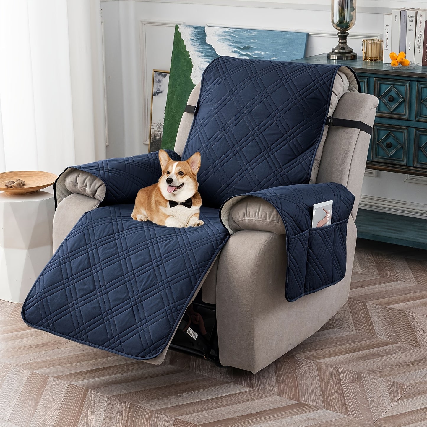 Champagne Quilted Recliner Chair Cover, Non-Slip & Waterproof Slipcover with Pocket, Pet-Friendly Furniture Protector for Living Room or Office, Easy to Install & Clean, Chair Covers for Living Room