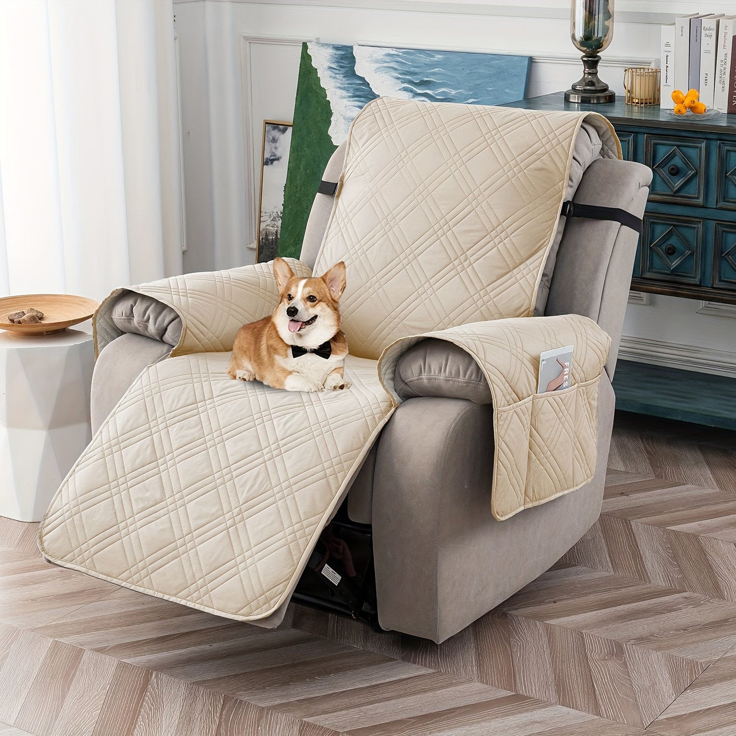 Champagne Quilted Recliner Chair Cover, Non-Slip & Waterproof Slipcover with Pocket, Pet-Friendly Furniture Protector for Living Room or Office, Easy to Install & Clean, Chair Covers for Living Room