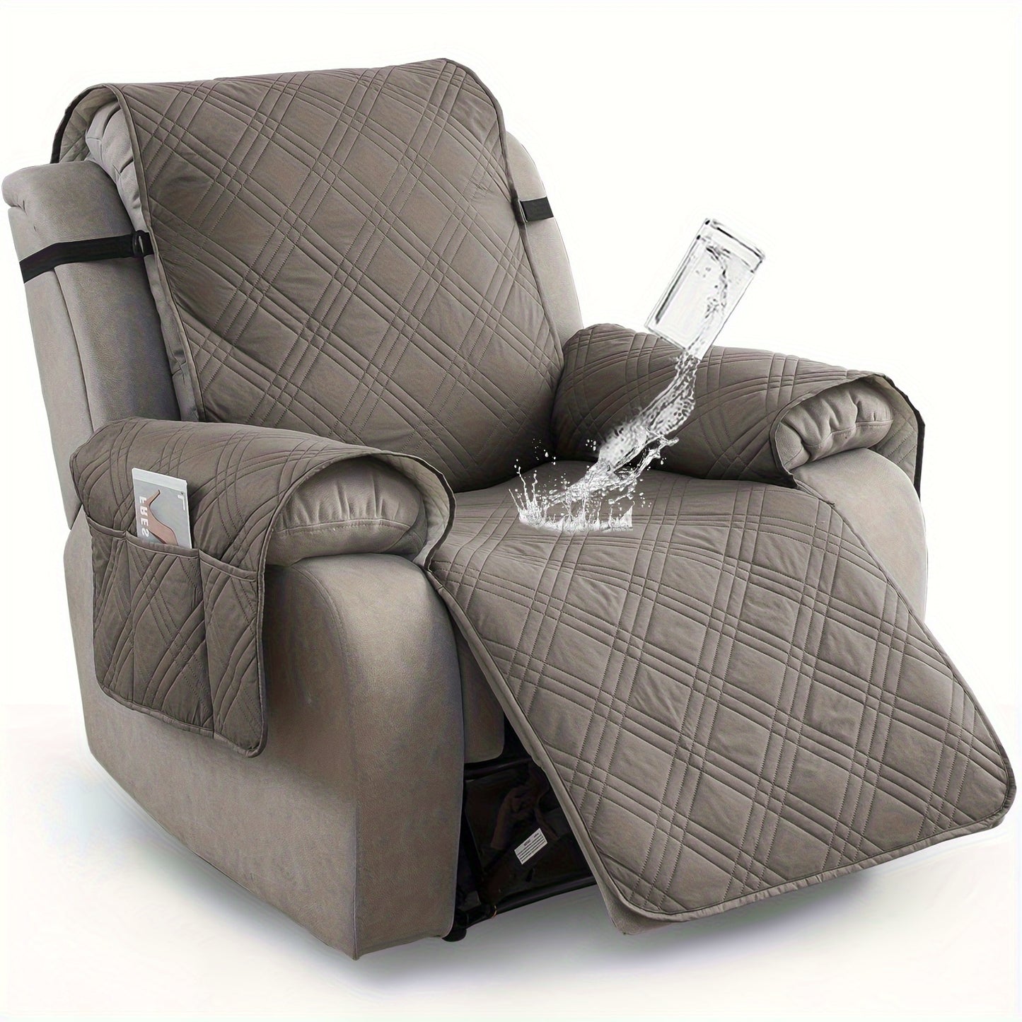 Champagne Quilted Recliner Chair Cover, Non-Slip & Waterproof Slipcover with Pocket, Pet-Friendly Furniture Protector for Living Room or Office, Easy to Install & Clean, Chair Covers for Living Room