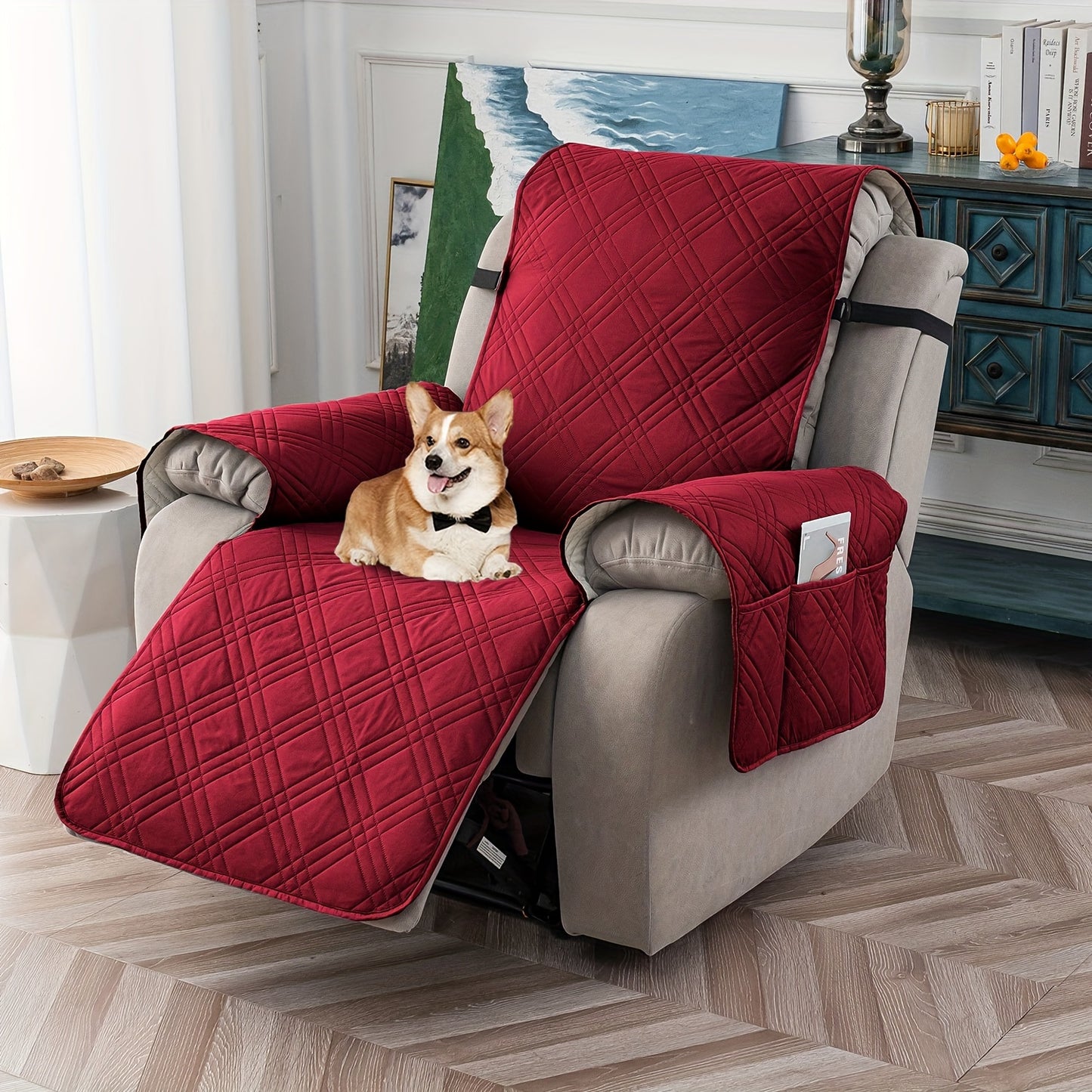 Champagne Quilted Recliner Chair Cover, Non-Slip & Waterproof Slipcover with Pocket, Pet-Friendly Furniture Protector for Living Room or Office, Easy to Install & Clean, Chair Covers for Living Room